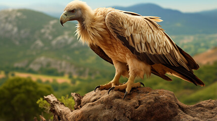 Estremadura, Griffon vulture in a detailed portrait, standing on a rock. Generative AI - obrazy, fototapety, plakaty