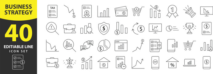 Strategic Mastery: Customizable Vector Icons for Modern Business - Thin Line Illustrations Covering Goals, Ideas, Methods, Finance, analysis, arrow, chart, documents, dollar, editable, finance,