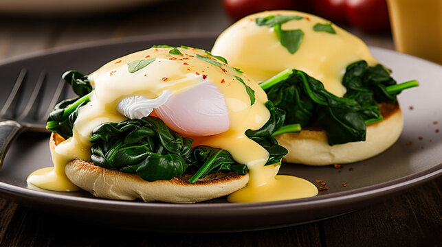 Eggs Benedict. Toasted muffin topped with wilted spinach, ham, poached egg. Generative AI