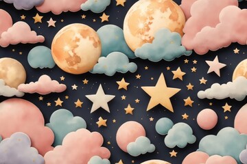 seamless repeating pattern cloud and moon and star retro background - obrazy, fototapety, plakaty