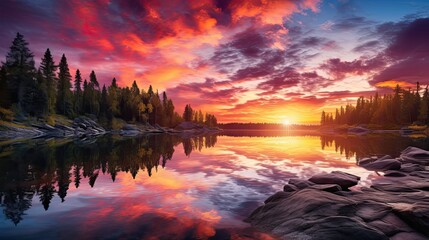 Obraz premium Panorama of beautiful sunrise over lake