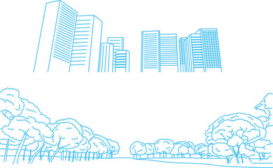 木々の生い茂る公園と高層ビル群　都会の風景　背景素材　線画イラスト