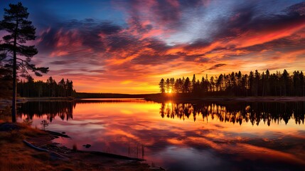Obraz premium Panorama of beautiful sunrise over lake