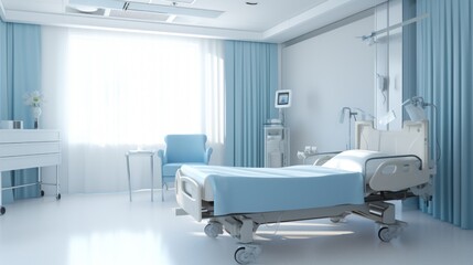  Clean and empty room with a bed in the new medical  - obrazy, fototapety, plakaty