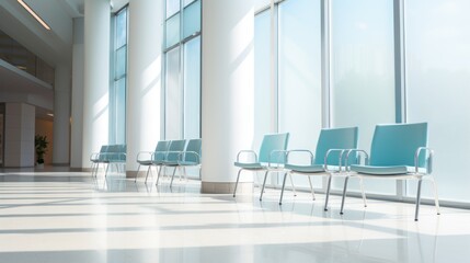 Chairs and poster in empty hospital hall 