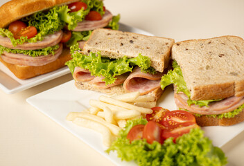 Sandwich Ham with salad tomato on white plate