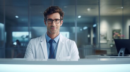 Confident doctor at the reception desk looking at camera
