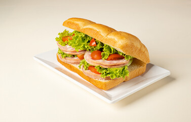 Sandwich Ham with salad tomato on white plate