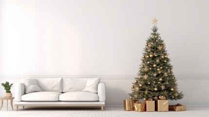 Living room interior wall mock up with  decorated christmas tree 