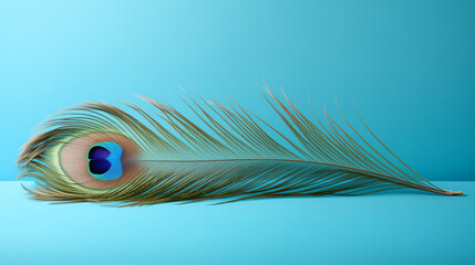 peacock feather on pale blue background