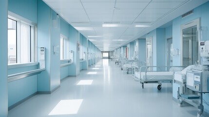 long corridor in hospital with surgical beds. 