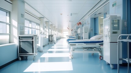 Naklejka na ściany i meble Long hospital bright corridor with rooms and seats 