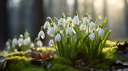 clearing with snowdrops in the spring forest at sunset