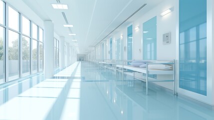 Long hospital bright corridor with rooms and seats  - obrazy, fototapety, plakaty