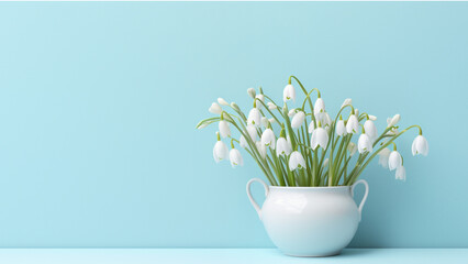 vintage vase with snowdrops on a poor blue background