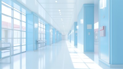  Hospital corridor with rooms. 
