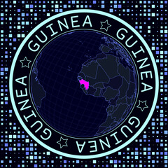 Guinea on globe vector. Futuristic satellite view of the world centered on Guinea. Geographical illustration with shape of country and squares background. Bright neon colors on dark background.