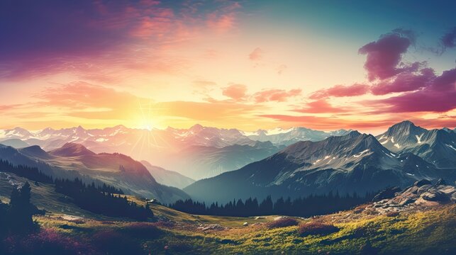 Panoramic View Of Colorful Sunrise In Mountains.Filter