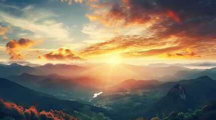 Fototapeta na wymiar Panoramic View Of Colorful Sunrise In Mountains.Filter