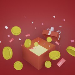 In the middle of a red background, the lid of a red gift box is opened, and coupons and coins are bursting out of it. Coins and pieces of paper floating in the air. 3d render illustration background