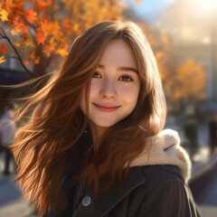 [salon kei],a girl with soft light brown hair is photograph, in the style of realistic hyper-detailed photograph [background city weather fine autumn],natural makeup,[hyper-realistic skin texture]
