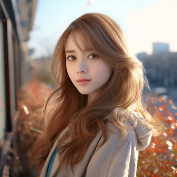 [salon kei],a girl with soft light brown hair is photograph, in the style of realistic hyper-detailed photograph [background city weather fine autumn],natural makeup,[hyper-realistic skin texture]