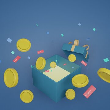 In The Middle Of A Blue Background, The Lid Of A Blue Gift Box Is Opened, And Coupons And Coins Are Bursting Out Of It. Coins And Pieces Of Paper Floating In The Air. 3d Render Illustration Background