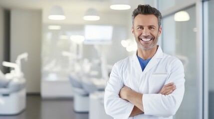 Fototapeta premium Smiling dentist standing with his arms folded in front of the dentist's office