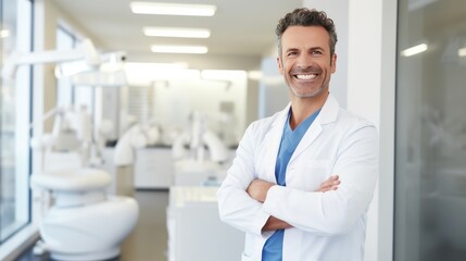  Smiling dentist standing with his arms folded in front of the dentist's office