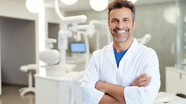  Smiling dentist standing with his arms folded in front of the dentist's office