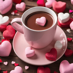 Fototapeta na wymiar Beautiful Hot chocolate with pink marshmallow in mugs with hearts for Valentine's day