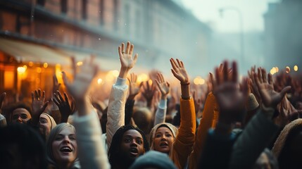 A crowd of people unanimously raised their hands up in agreement at a major event, demonstration - obrazy, fototapety, plakaty