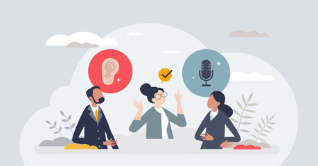 Mediation session and guiding business conversation tiny person concept. Relationship problem therapy with couple communication control and psychologist support vector illustration. Argument mediator