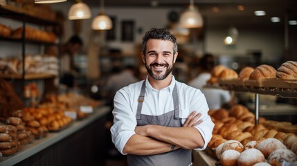 business owner smiling at the camera with bakery shop background,