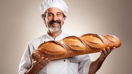 Cheerful male chef holding a baguette bread 