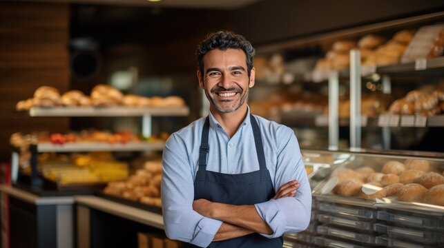 business owner smiling at the camera with bakery shop background,