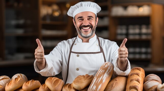 Cheerful male chef with a variety of bread loaves smiling and showing thumbs up 