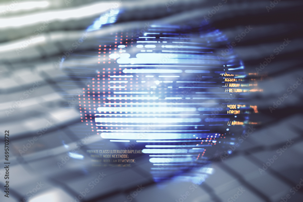 Poster multi exposure of abstract programming language hologram and world map on shiny metal background, ar
