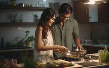 Young indian couple cooking together at kitchen - obrazy, fototapety, plakaty