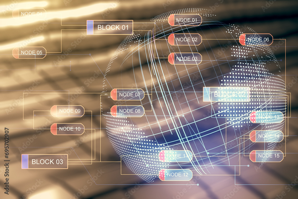 Leinwandbilder double exposure of abstract programming language hologram and world map on blurry metal background, 