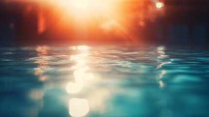 Sunset over water in a swimming pool. Blurred background - obrazy, fototapety, plakaty