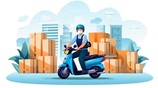 efficient food delivery: warehouse, truck, scooter courier, respirator masked delivery man