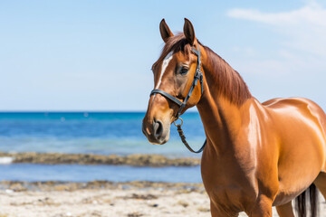 Obraz premium a horse standing on a beach next to the ocean