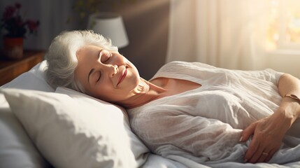 happy senior woman sleeping in bed at home bedroom, 