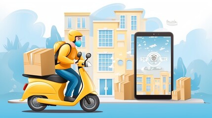 efficient food delivery: warehouse, truck, scooter courier, respirator masked delivery man