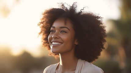 beautiful african american woman smiling and looking away at park 