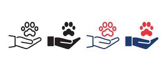 Animal Paw and Human Hand Icon. Animal Donation, Care and Protection concept. Adoption of Pets, Shelter, Charity Icon. Animal welfare Pictogram. Editable Stroke. Vector illustration. - obrazy, fototapety, plakaty