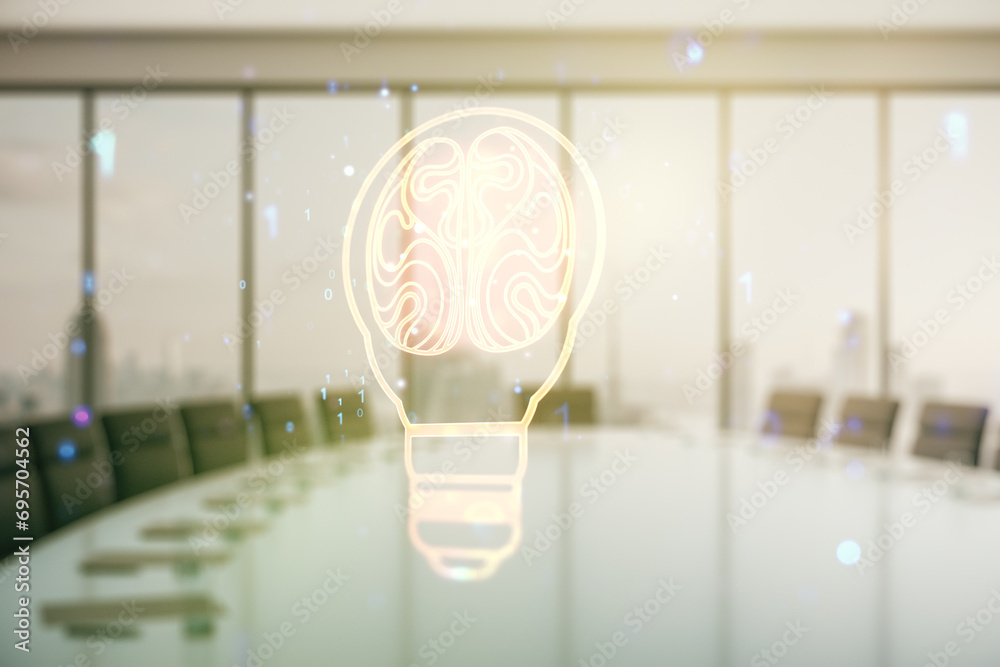 Poster double exposure of abstract virtual creative light bulb hologram with human brain on a modern meetin
