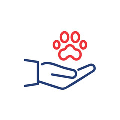 Animal Paw and Human Hand Linear Icon. Animal Donation, Care and Protection concept. Adoption of Pets, Shelter, Charity Line Icon. Animal welfare Pictogram. Editable Stroke. Vector illustration.