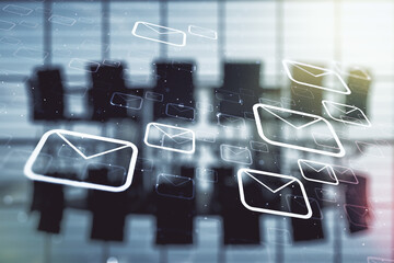 Abstract virtual postal envelopes hologram on a modern coworking room background, email and...